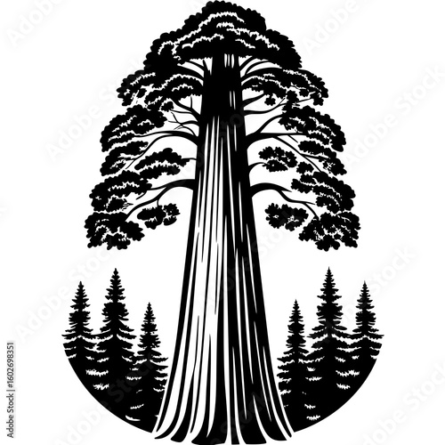 Sequoia Tree Silhouette – Bold Black and White Line Art of Ancient Redwood