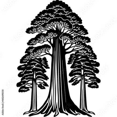 Black and White Sequoia Tree Icon – Minimalist Giant Forest Vector Illustration