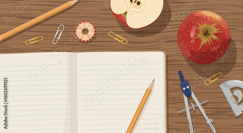 A flat lay of school supplies, an apple, and a notebook on a wooden surface, suggesting a student's workspace.