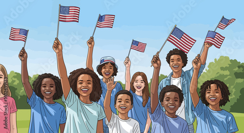 Diverse children holding American flags, expressing patriotism and unity in a celebratory outdoor scene.