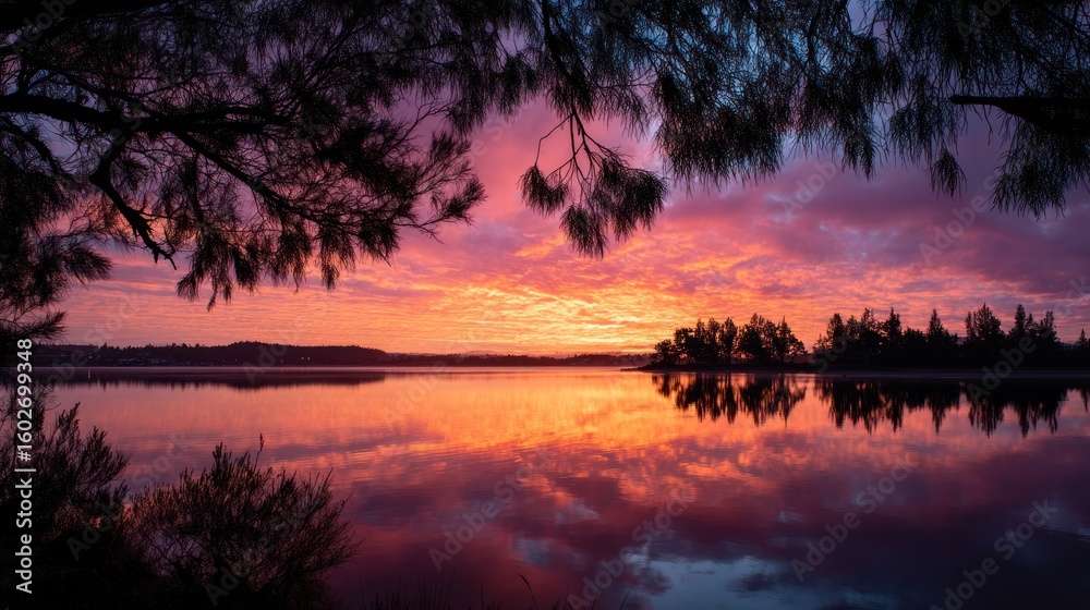 Naklejka premium Vibrant sunrise over a tranquil lake, golden and pink hues reflecting on the calm water, silhouetted trees framing the horizon