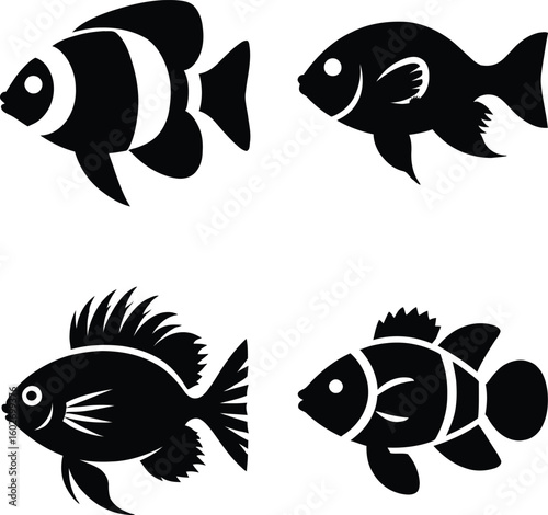 Set of fish icons. Black aquatic animal silhouette vectors.