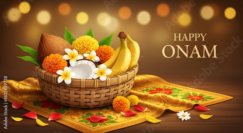 happy onam celebration with traditional fruit basket filled with banana coconut marigold and jasmine on floral golden fabric background with lights and festive decor