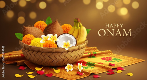 happy onam celebration with traditional fruit basket filled with banana coconut marigold and jasmine on floral golden fabric background with lights and festive decor