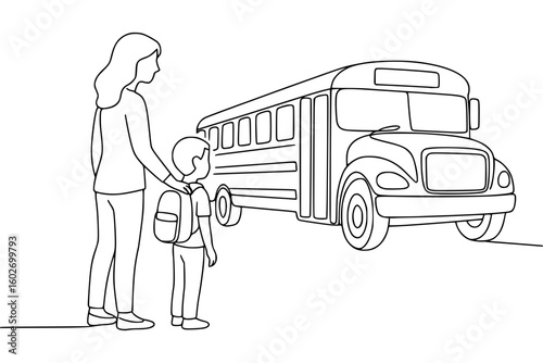Mother and child waiting for school bus in continuous line art