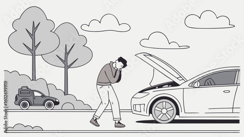 Frustrated man facing car trouble with open hood, roadside breakdown assistance needed, automotive problem, stressing over vehicle repair, calling for assistance on a country road