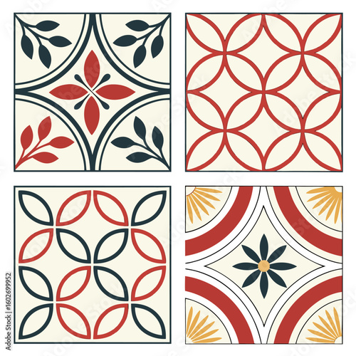 Four square tiles displaying floral and geometric patterns in red black and yellow colors on white background