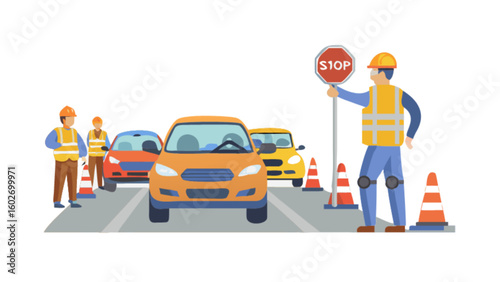 Road construction crew managing traffic with stop sign and cones, ensuring safety and control, originally a scalable vector graphic for flexible use in construction projects