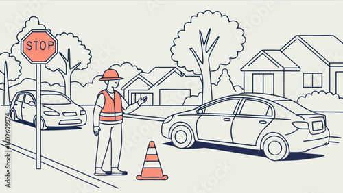Construction worker directing traffic near residential area with cars and stop sign, safety first in neighborhood traffic control, modern vector illustration of a road work scene