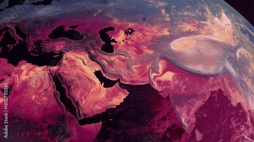 Satellite view of heatwave over continents, infrared color map style, photorealistic texture