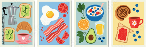 Hand drawn breakfast illustrations. Abstract trendy posters with coffee, fried egg, bacon, citrus juice, avocado, tomato, toast in jam