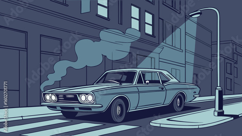 Vintage car illustration cruising city streets under a streetlamp, a classic automotive scene with a touch of urban nostalgia, perfect for retro designs and transportation themes