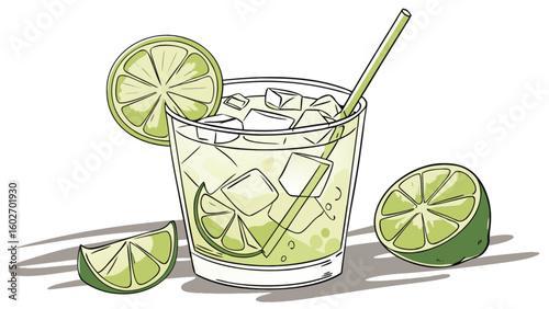Refreshing caipirinha cocktail illustration with lime slices and ice cubes, perfect for summer promotions, bar menus, and tropical vacation designs, originally a scalable vector graphic