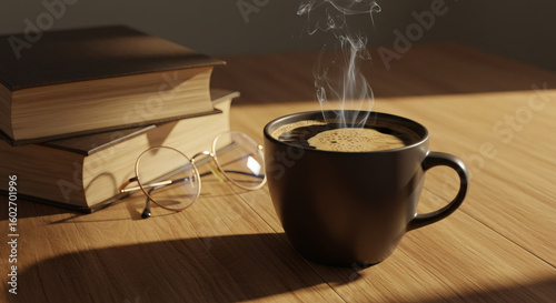 A steaming cup of coffee sits beside books and glasses on a wooden surface.
