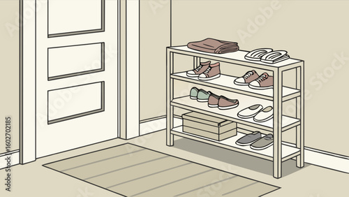 Organize your entryway with a stylish shoe rack featuring sneakers, flats, sandals, and folded blankets, creating a tidy and welcoming home environment.