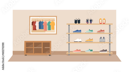 Stylish clothing rack and multi-tiered shelves showcasing a vibrant collection of sneakers and casual footwear in a modern retail display setting