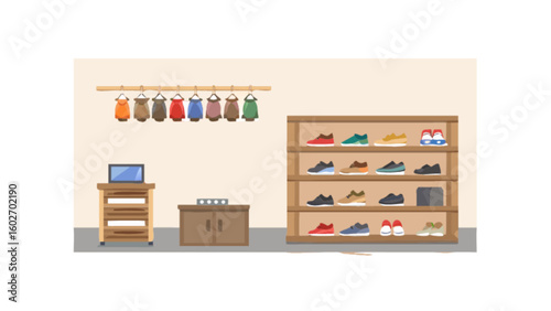 Stylish modern retail store interior showcasing diverse footwear collection on shelves and colorful jackets hanging attractively