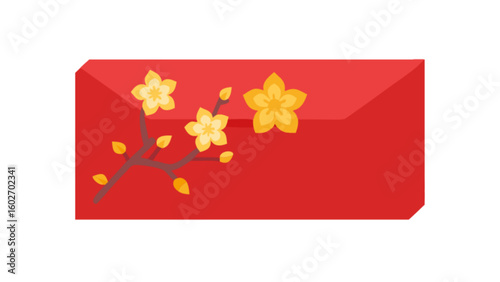 Vibrant red envelope adorned with blooming yellow apricot blossoms and branches, symbolizing prosperity and good fortune for Lunar New Year celebrations and festive gifting occasions.