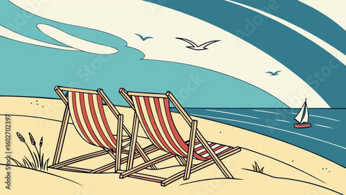 Relaxing beach scene with striped deck chairs, calm ocean, soaring seagulls, and a distant sailboat evokes tranquility and summer vacation dreams.