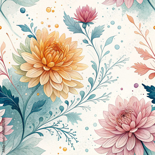 Elegant Watercolor Floral Pattern with Chrysanthemums and Leaves on White Background

