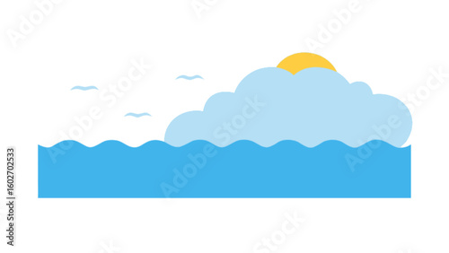 Serene ocean view with gentle waves, a bright sun peeking through fluffy clouds, and birds soaring in the sky, perfect for travel posters and calming visual designs