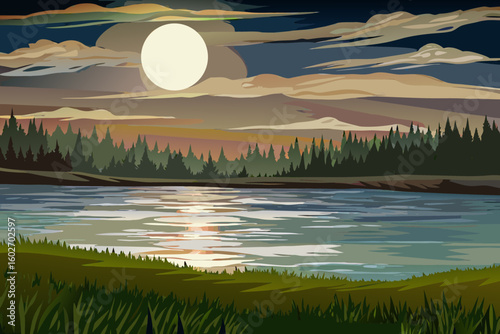 Serene Night Landscape with Full Moon over Lake and Forest
