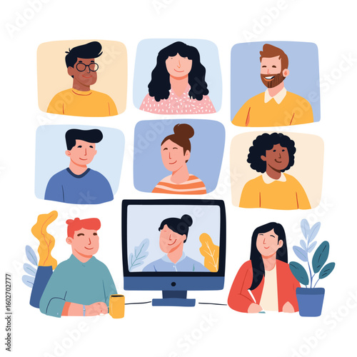 Online team conference with diverse members – flat illustration