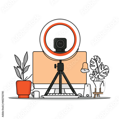 Vlogger camera setup with ring light – flat illustration