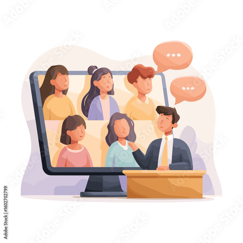 Virtual team video conference on screen – flat illustration