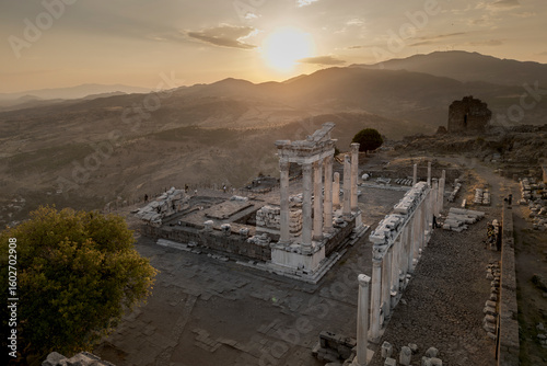 Pergamon Ancient City drone view in Bergama Town of Turkey
