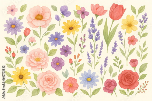 Wallpaper Mural Watercolor Floral Clipart Set: Roses, Tulips, Daisies & Lavender - Hand-painted spring botanical elements on cream background; isolated flowers and leaves for cards, patterns, and branding. Torontodigital.ca