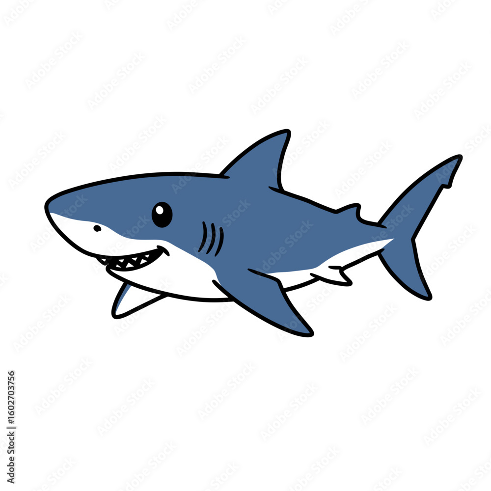 Obraz premium Happy cartoon baby shark swimming in the ocean with a smile