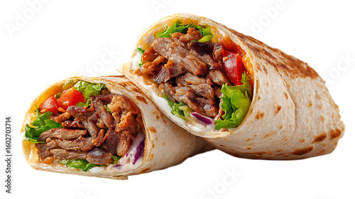 Doner Kebab Wrap with Meat and Vegetables Close Up