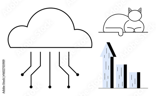 Cloud with circuit lines for connectivity, bar chart with growth arrow for data analytics, resting cat for relaxation. Ideal for technology, productivity, data trends, innovation, lifestyle