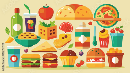 Vector art of a colorful flat design illustration showcasing a variety of popular fast food items including burgers pizza fries and sweet treats alongside