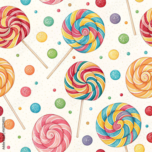 Colorful Swirled Lollipops and Candy Balls Seamless Pattern on White Background


