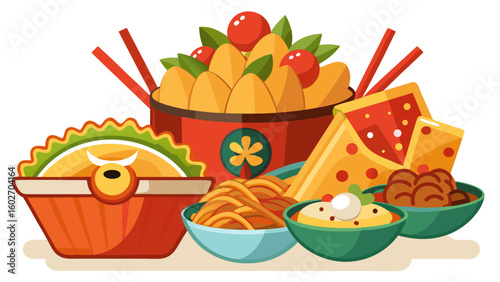 Vector art of a vibrant illustration of a diverse selection of asian cuisine including noodles dumplings and fresh fruits presented in colorful bowls with