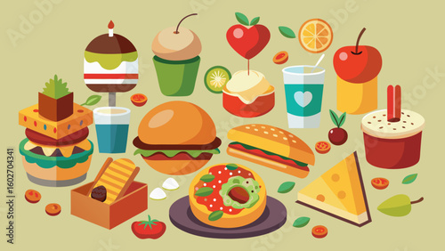 Vector art of a vibrant and colorful collection of various fast food and dessert items arranged on a light green background