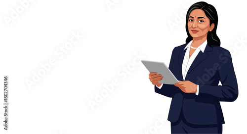 Business woman in suit holding a tablet looking forward with a smile on a white background design