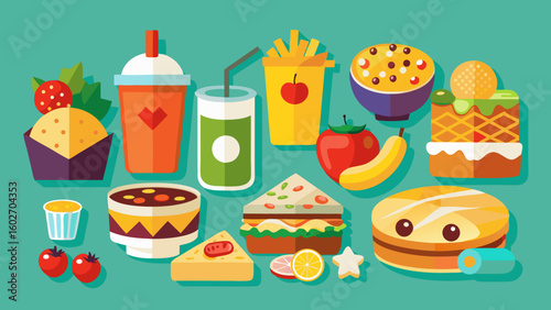 Vector art of a diverse selection of appetizing fast food and sweet treats such as burgers pizza and donuts arranged on a teal backdrop