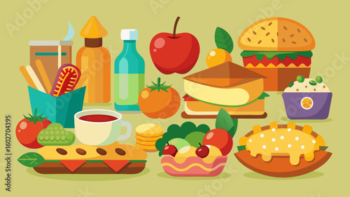 Vector art of a lively arrangement of popular fast food items and desserts including burgers sandwiches and drinks set against a light background