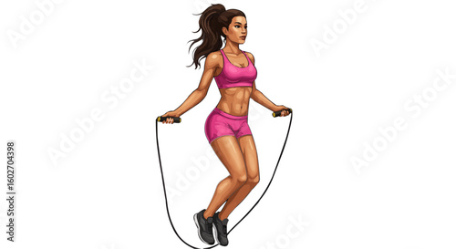 Illustration of a woman in pink sportswear jumping rope with a ponytail and black sneakers on white background