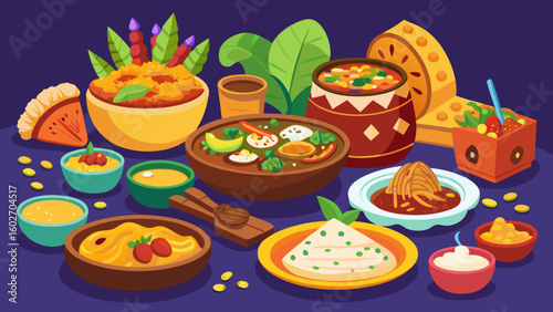 Vector art of a beautifully illustrated spread of traditional indian cuisine featuring various curries rice bread and dips presented in colorful bowls and plates