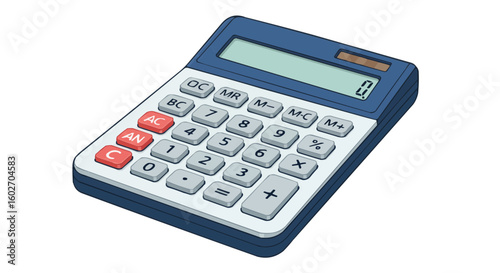 Illustration of a blue and white calculator with red buttons and a screen displaying a zero value