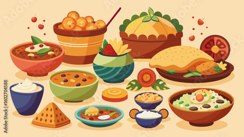 Vector art of an abundant and appetizing spread of various indian dishes featuring curries rice bread and sweets presented in a lively and colorful illustration