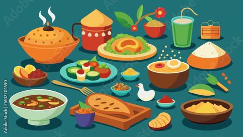 Vector art of a diverse and flavorful collection of indian food items including rich curries fluffy rice warm bread and refreshing drinks illustrated on a teal