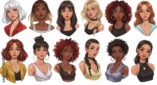 Illustration showcasing diverse women with various hairstyles and skin tones in an artistic rendering style