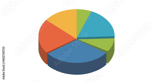 A colorful pie chart with six sections showing different proportions in a three d perspective view