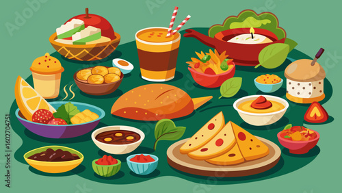 Vector art of a delightful spread of indian food featuring various dishes like naan samosas curries and a refreshing drink presented on a green surface