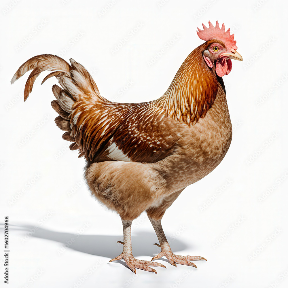 Fototapeta premium Majestic Rooster Portrait: This captivating image features a vibrant, eye-level shot of a proud rooster standing confidently, showcasing its colorful plumage and regal stature.